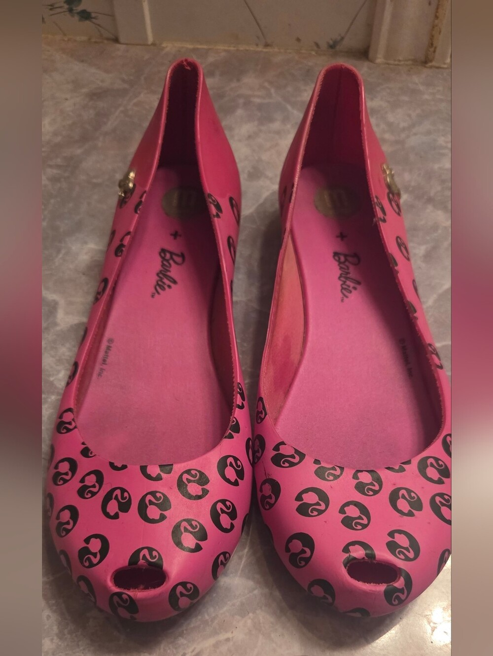 Barbie Pink Peep-Toe Flats with Black Logo Print